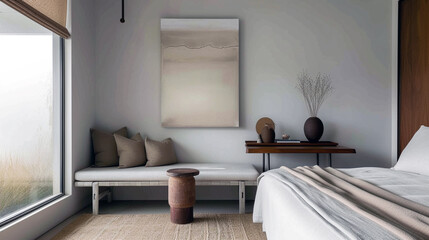 A minimalist guest room with a daybed, a small writing desk, and a single piece of art. 