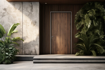Modern wooden door entrance with lush greenery and concrete steps