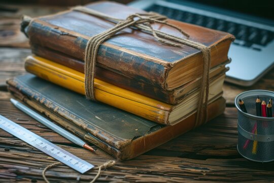 This is a photograph of old retro books held together with twine sitting on top of a old retro wooden table with a cup full of pens and a ruler and a side view of a laptop 