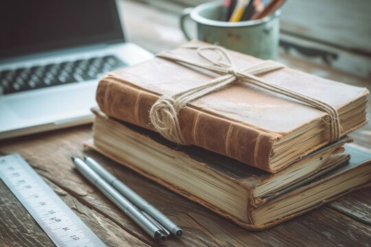 This is a photograph of old retro books held together with twine sitting on top of a old retro wooden table with a cup full of pens and a ruler and a side view of a laptop