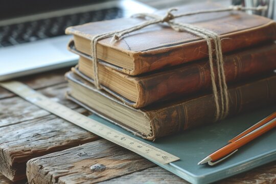 This is a photograph of old retro books held together with twine sitting on top of a old retro wooden table with a cup full of pens and a ruler and a side view of a laptop