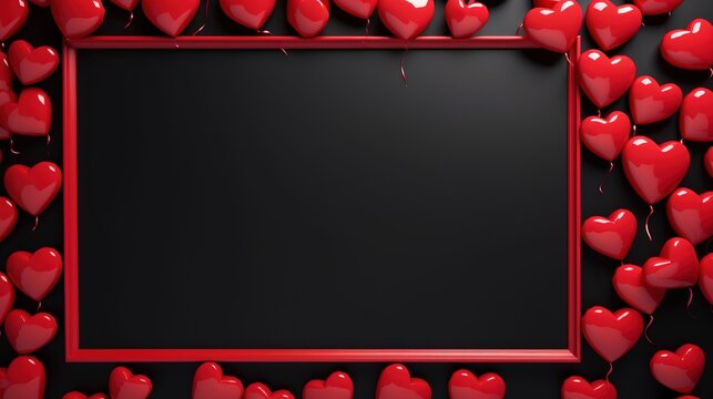 Valentine's Day banner with  photo frame top view black background with small hearts and hearts balloons