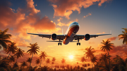 view of the sky and a flying plane among the palm trees at sunset, travel to the island, summer vacation - Powered by Adobe