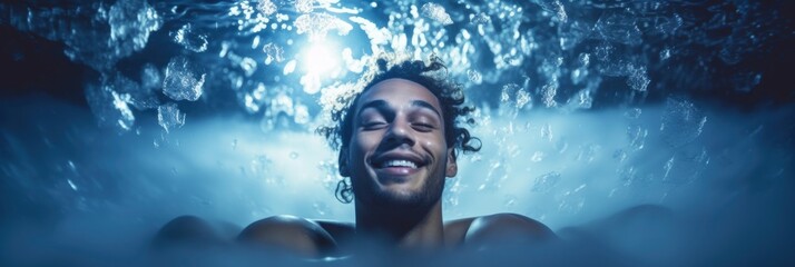 a happy young man submerged in water. generative ai