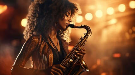  African American girl plays the saxophone in a golden light - obrazy, fototapety, plakaty
