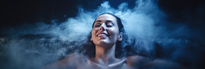 Fototapeta na wymiar a young woman lying outside in a steam room. generative ai