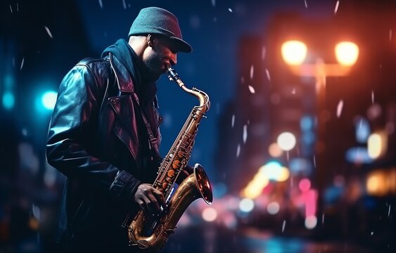 African American guy plays the saxophone on the street in the evening lights of the city
