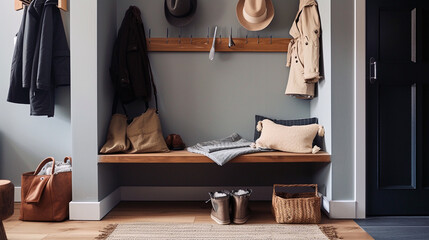 A minimalist mudroom with built-in storage, a simple bench, and hooks for outerwear. 