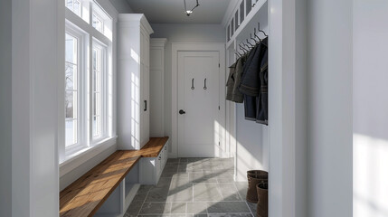 A minimalist mudroom with built-in storage benches, hooks for coats, and a clean, uncluttered look. 
