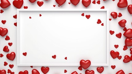 Valentine's Day banner with blank photo frame top view white background with small hearts andhearts balloons