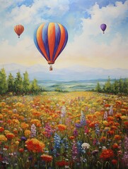 Colorful Hot Air Balloon Art: Balloons Over Fields - Vibrant Meadow Painting