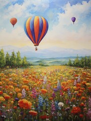 Fototapeta premium Colorful Hot Air Balloon Art: Balloons Over Fields - Vibrant Meadow Painting
