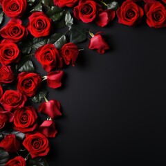 Fototapeta na wymiar Valentine's Day banner with blank space for text top view black background with red rose
