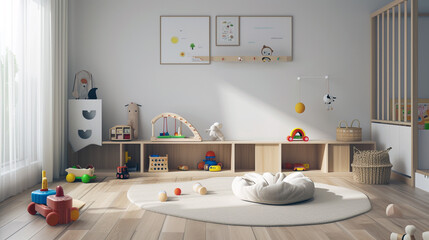 A minimalist playroom with a modular storage system, a soft play mat, and a few select toys.  - obrazy, fototapety, plakaty