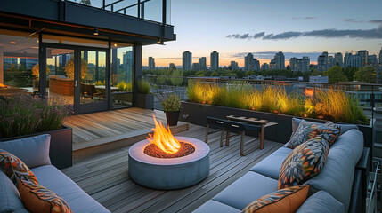 A minimalist rooftop terrace with a fire pit, low seating, and potted plants. 