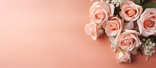 close-up of a bouquet of flowers in hands on a pink background, Happy Mother's Day