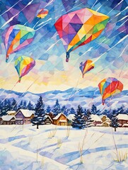 Colorful Kite Festival Scenes: Winter Wonderland Captures of Vibrant Kites Soaring Against Snowy Backdrops
