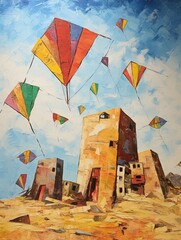Vintage Rustic Kite Flying: Colorful Kite Festival Scenes Painting