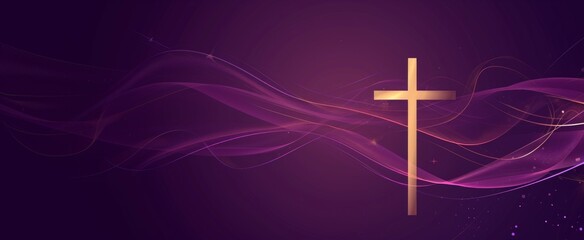 Ash Wednesday  banner with stylized ash cross on a purple backdrop, elegant ribbon-like swirls around the cross, sleek and contemporary