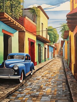 Cuban Vintage Car Art: Pathway Painting of Cars on Cobblestone Lanes
