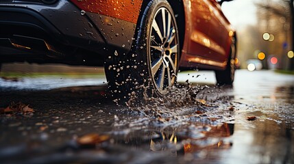 Car drives through a puddle and splashes with water in autumn..Closeup of dark car's tire splashes through a puddle after the rain. Generative AI