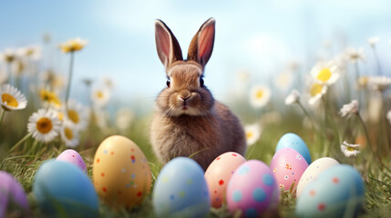 Fototapeta na wymiar A rabbit with colorful Easter eggs