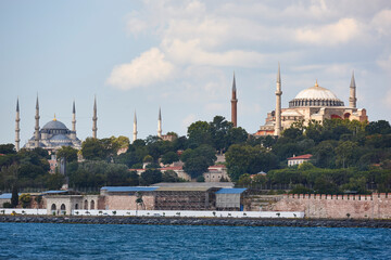 Naklejka premium Hagia Sophia, blue mosque and bosporus strait in Istanbul. Turkey