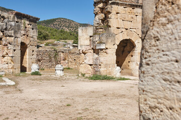 Hierapolis ancient ruins. Martyrium area in Pamukkale. Archeology in Turkey