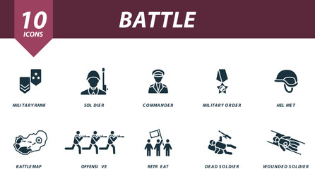 Battle icon set. Creative icons: military rank, soldier, commander, military order, helmet, battle map, offensive, retreat, dead soldier, wounded soldier.