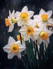 White daffodils in the rain drops