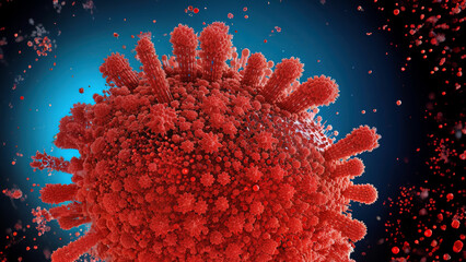 Coronavirus 2019-nCoV and virus background with red disease cells, red blood cell. Cancer cells, malignant cells. Microscopic view of a infectious virus