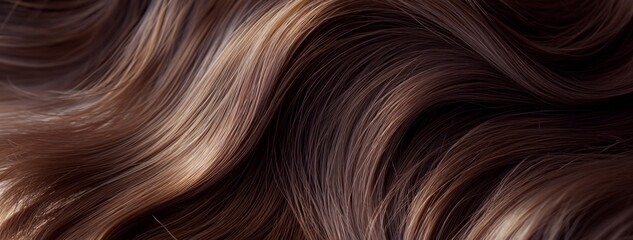 Naklejka premium Header with womans beautiful brunette hair. Close up view of a wavy shiny curls. Hair colouring