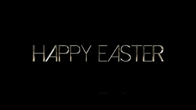 Minimalistic and modern image with a black background featuring Happy Easter in white letters, adorned with a golden outline in the center