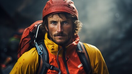 Climber man portrait on blurred background