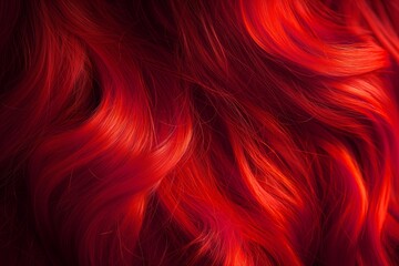 Close up view of a womans bright red hair. Wavy shiny curls. Bright hair colouring - obrazy, fototapety, plakaty