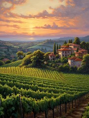 Fototapeta na wymiar Italian Vineyard Sunsets: A Dusk Over Winery Twilight Landscape