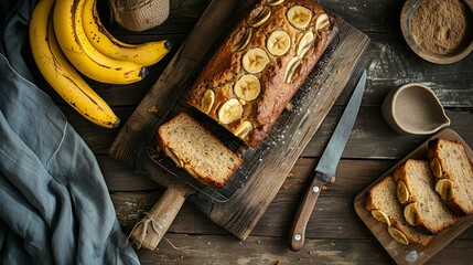 Delicious banana bread served on wooden table, flat lay - Powered by Adobe