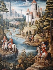 Middle Ages Knight Scenes: Questing Knights Crossing Riverside in Majestic Painting