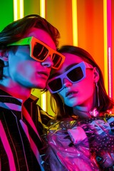 A stylish couple's faces are hidden behind their magenta sunglasses, adding an air of mystery to their indoor encounter