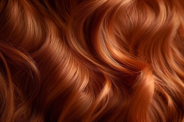 Close up view of a womans red hair. Beautiful wavy shiny curls. Hair colouring - obrazy, fototapety, plakaty