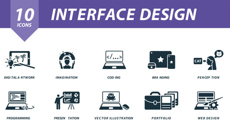Interface design icons set. Creative icons: digital artwork, imagination, coding, branding, perception, programming, presentation, vector illustration, portfolio, web design.