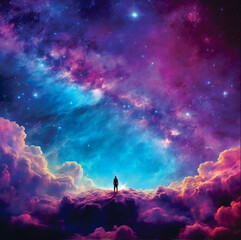 Colorful space galaxy cloud nebula. Man Standing on the Clouds. Universe science astronomy. Supernova background wallpaper