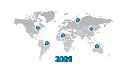 Vector world map infographic symbo with blue gradient map pointers. 2024 sign. International global illustration. Elements for business, web design, presentation, data report, media, news, blog