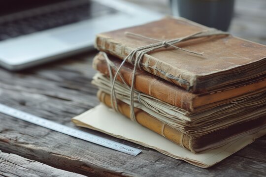This is a photograph of old retro books held together with twine sitting on top of a old retro wooden table with a cup full of pens and a ruler and a side view of a laptop 