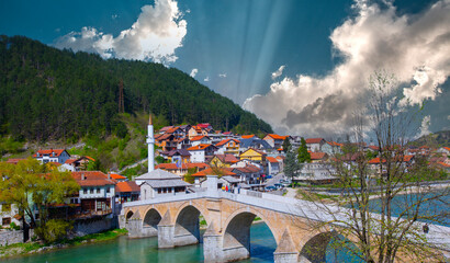 Konjic Old Bridge Above Neretva River - Konjic, Bosnia and Herzegovina, Europe - obrazy, fototapety, plakaty