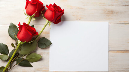 Naklejka na ściany i meble Blank paper card and red rose flowers background