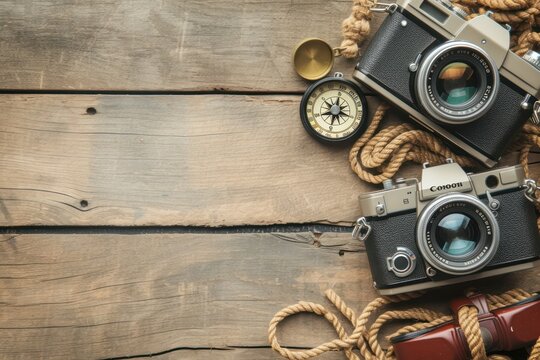 This is a photograph of two Antique retro cameras on vintage wood background. There is a lot of space for copy below. There is also a rope, compass and binoculars symbolizing a summer time adventure