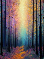 Digital Glitch Forest: Modern Tree Line Artwork with Interfering Pixels