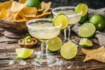 Fototapeta premium This is a photograph of two modern margarita glasses with a rim of salt surrounded by fresh cut limes and peppers on a retro wood background photographed from a high camera angle 