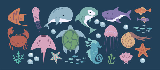 Cute marine animals. Cartoon underwater creatures, colorful ocean sea wildlife, funny hand drawn seahorse jellyfish dolphin seashell. Vector isolated set. Cute turtle, fish star and crab characters